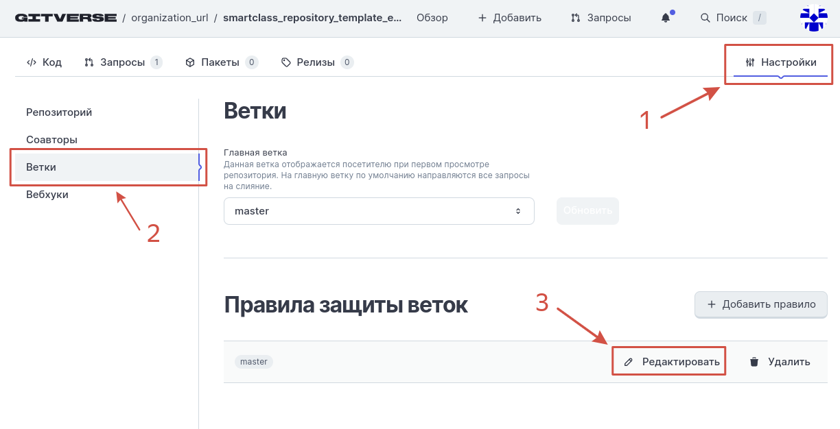 Редактирование правила защиты веток
