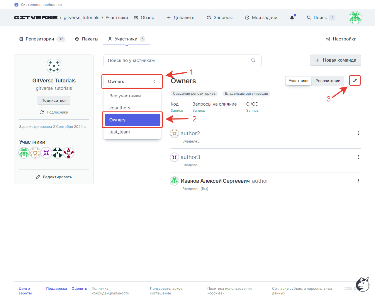 Копка перехода к редактированию команды Owners в профиле организации > Участники