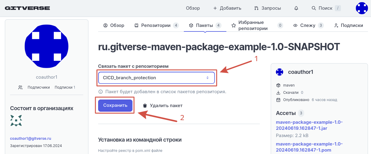 Выберите репозиторий, чтобы связать его с пакетом