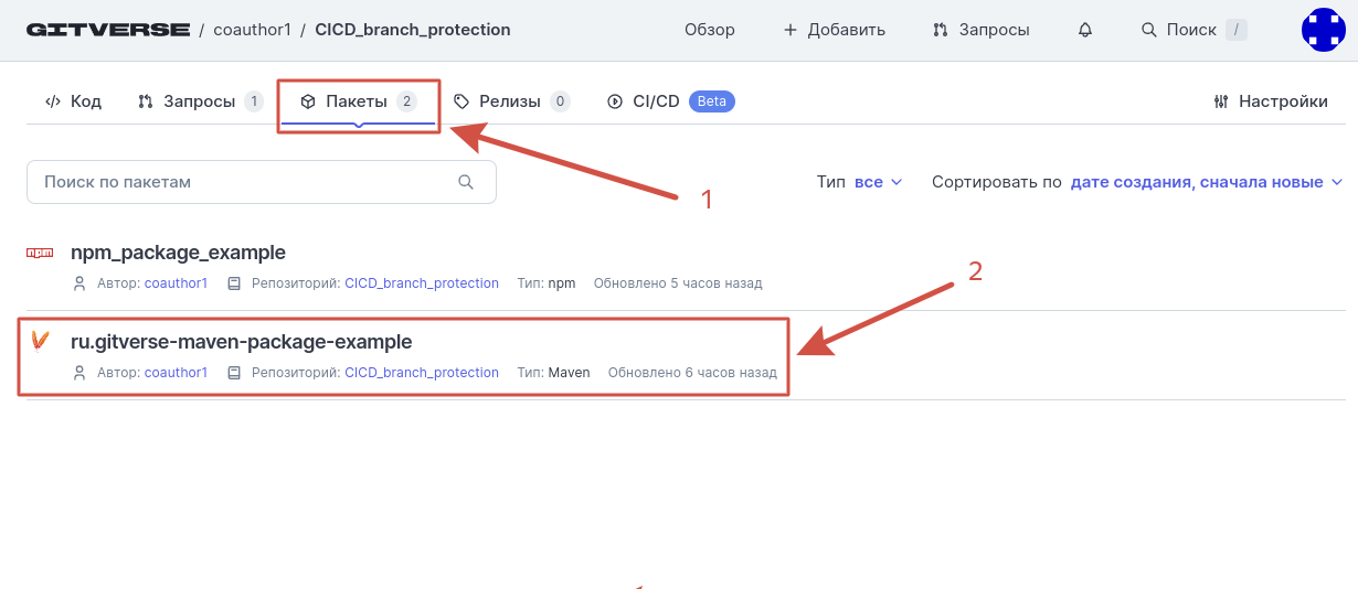 Добавленный пакет отобразится в профиле репозитория на вкладке Пакеты