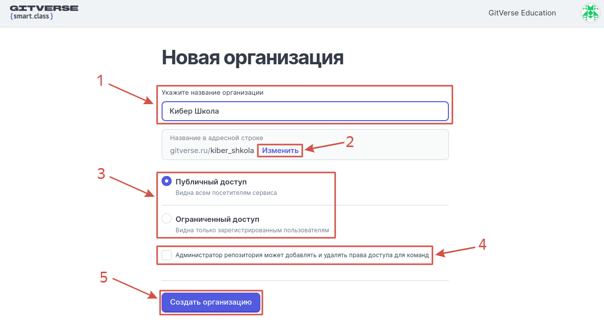 Создание организации, шаг 2. Укажите имя и доступ